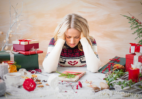 stressed woman with presents